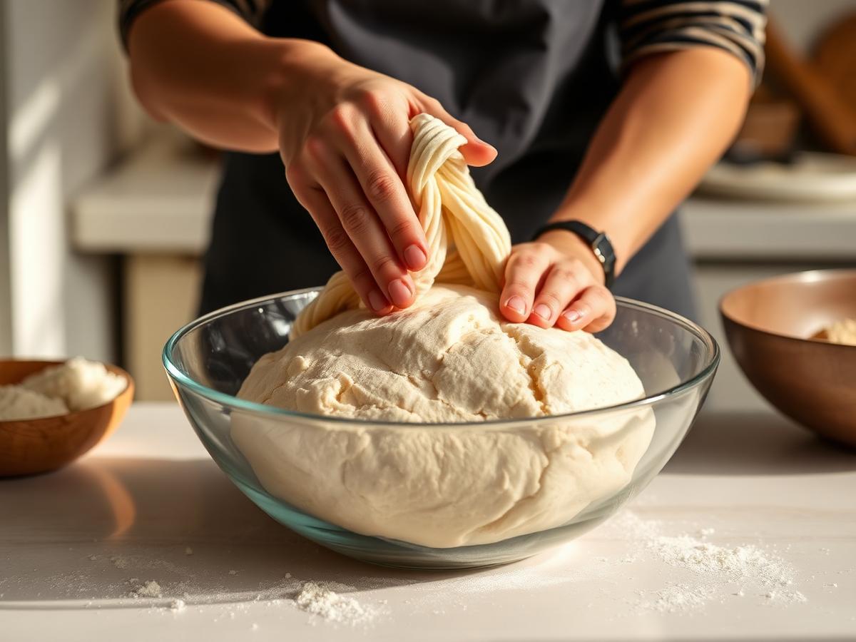 Hands stretching and folding sourdough dough in a glass bowl