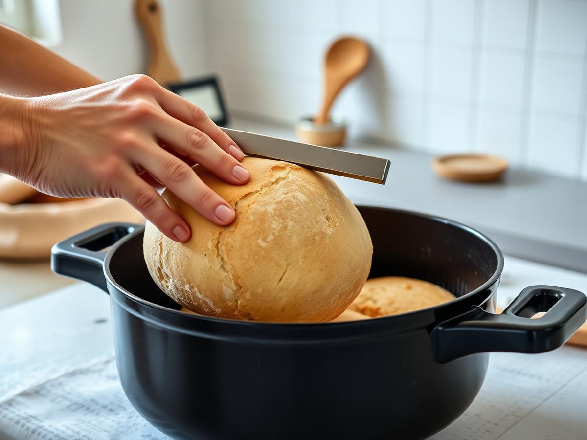 Hand scoring a sourdough loaf with a bread lame over a Dutch oven