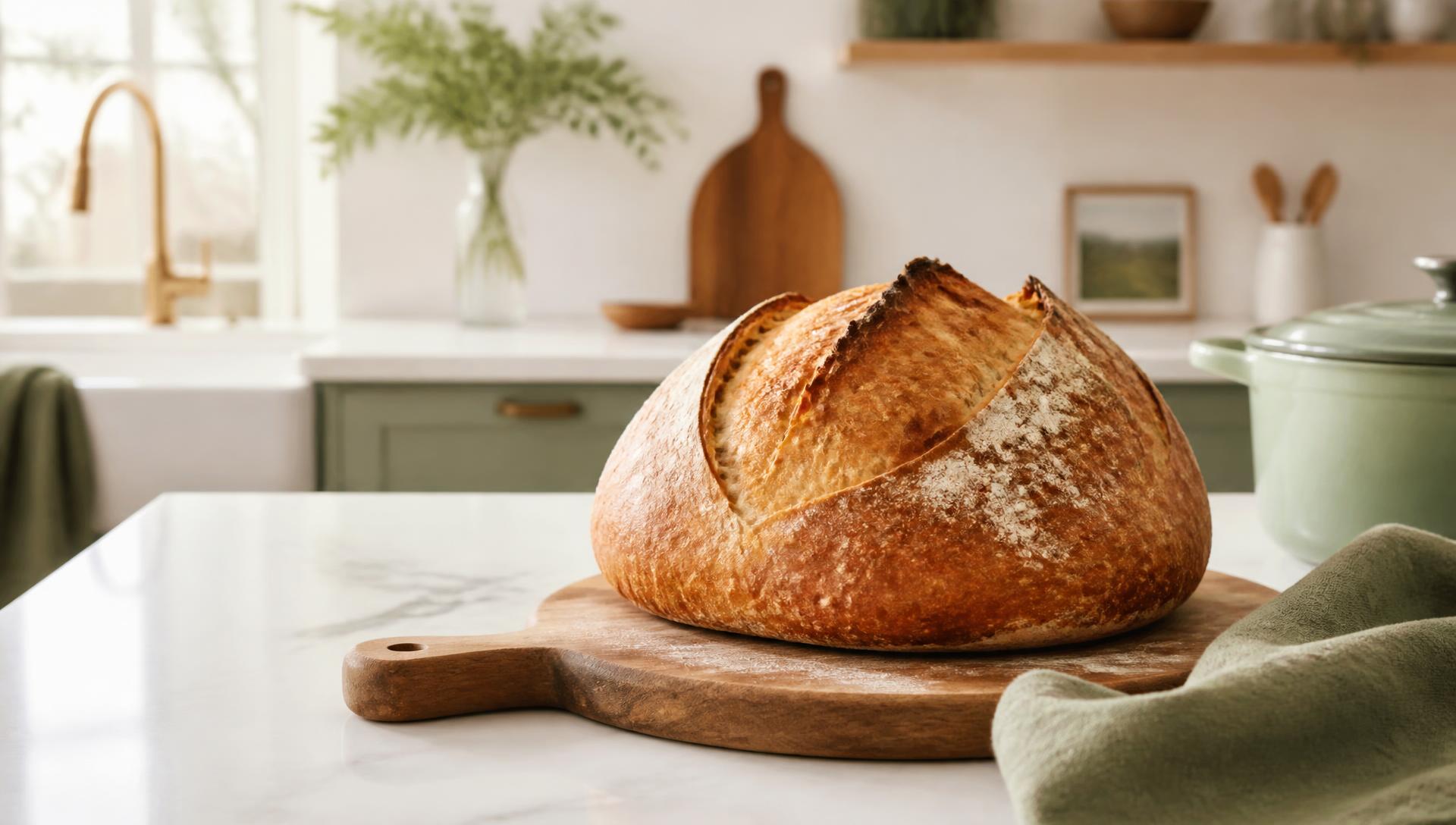 Golden artisan sourdough loaf with a scored crust on a wooden board in a bright home kitchen