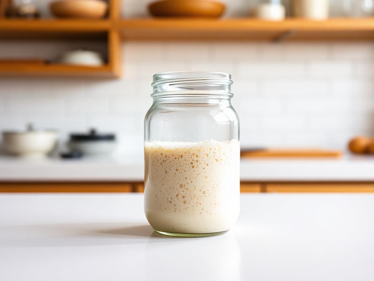 Bubbly active sourdough starter in a glass jar on a bright kitchen counter